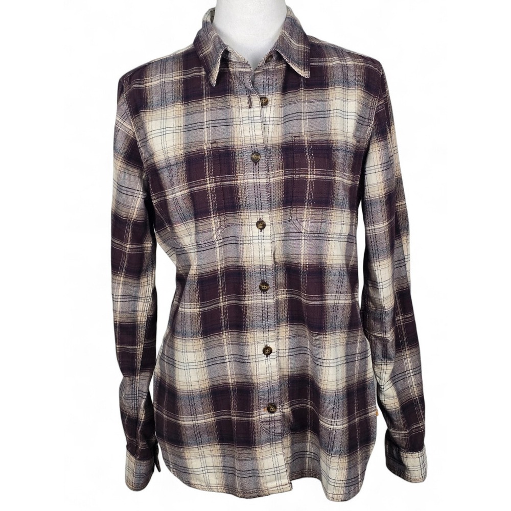Carhartt Womens Plaid Flannel Shirt Purple Cream Button Up Stretch Size Medium